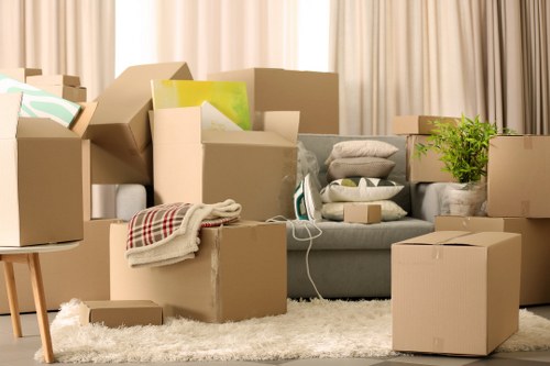 Packed boxes and furniture prepared for a move in Belgium